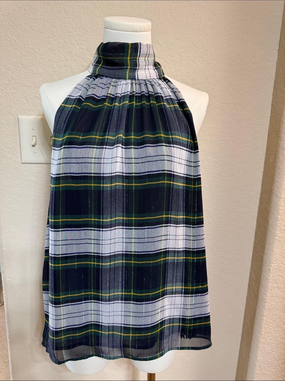 J. Crew Navy, White & Green Plaid Halter Neck Blouse